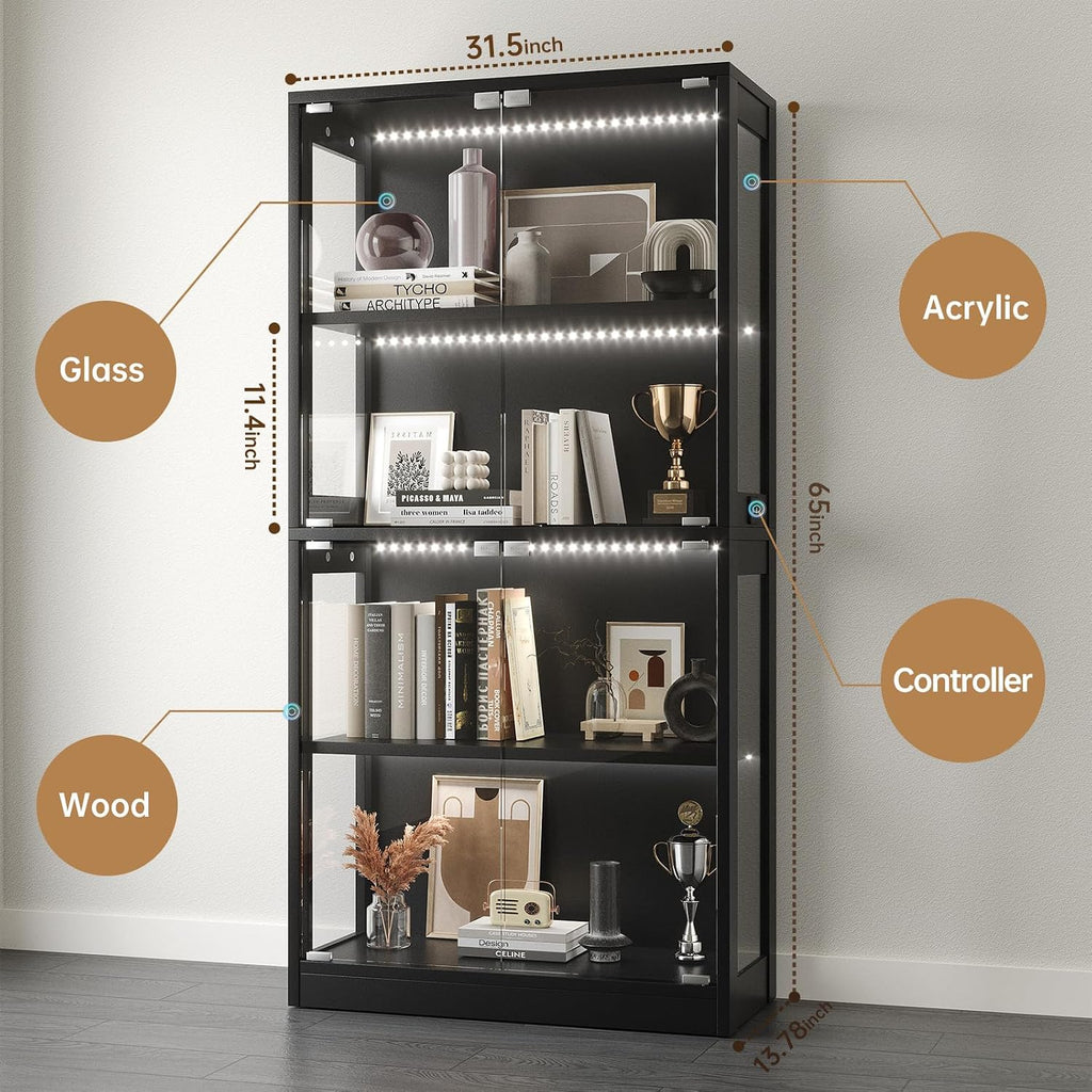 Display Cabinet with Glass Doors 4-Tier, Bookcase with Doors 7 Vibrant Colors 3 Dynamic Lighting Modes, HD Glass Storage Cabinet with Human Body Sensor for Curio, Trophy, Collectibles (Black)