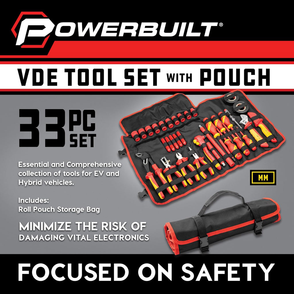 Powerbuilt 33-Piece VDE Tool Set, Insulated Ratchet, Screwdrivers, Sockets, Acessories, High-Voltage Electrical and Hybrid Vehicles, Home Repair, Certified High-Quality - 642938