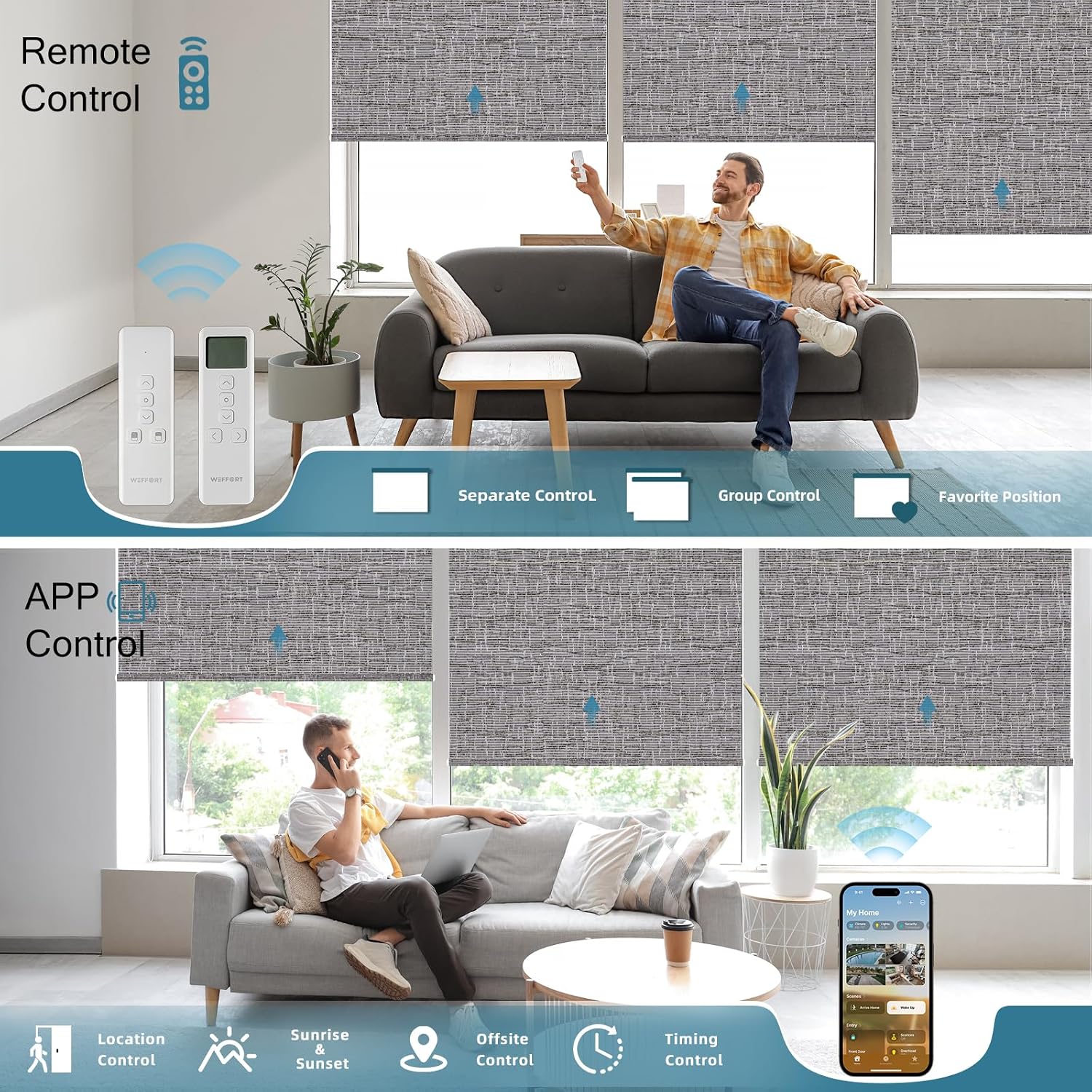 Motorized Roller Shade, 100% Blackout Smart Window Blinds Work with Homekit, Alexa, Google Home, Remote Control, Electric Blinds with USB/Solar Pannel Charging, Texture Midnight
