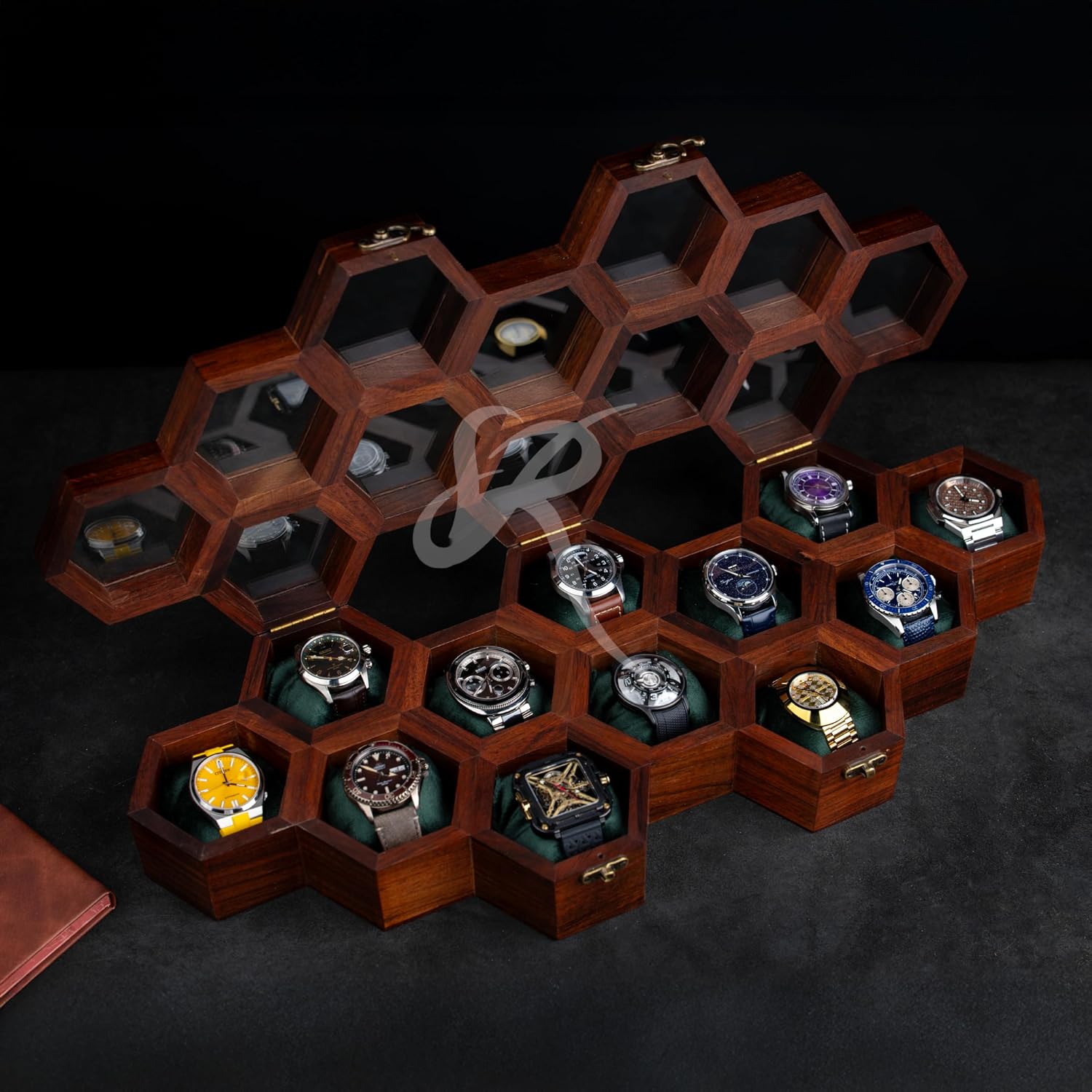 Extra Large 12 Slot Superior Rosewood Honeycomb Wall Mounted Watch Box Display Case Holder for Men, Vintage Hanging Watch Storage Organizer to Keep Watches Safe and Sophisticated