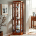 Corner Curio Cabinet, 70' Tall Lighted Glass Display Cage with Tempered Glass Doors and 5 Adjustable Shelves, Wine Bar China Cabinet for Living Room (E26 Bulb Not Inclued) (Oak & Style 2)