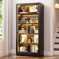 LVSOMT Display Cabinet with Glass Doors and Adjustable Shelves, 65' Tall Bookcase with LED Lights and Human Sensor, 5 Tier Display Case for Collectibles with Storage, Home Office Living Room, Black