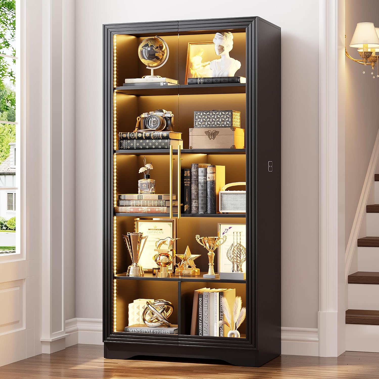 LVSOMT Display Cabinet with Glass Doors and Adjustable Shelves, 65' Tall Bookcase with LED Lights and Human Sensor, 5 Tier Display Case for Collectibles with Storage, Home Office Living Room, Black