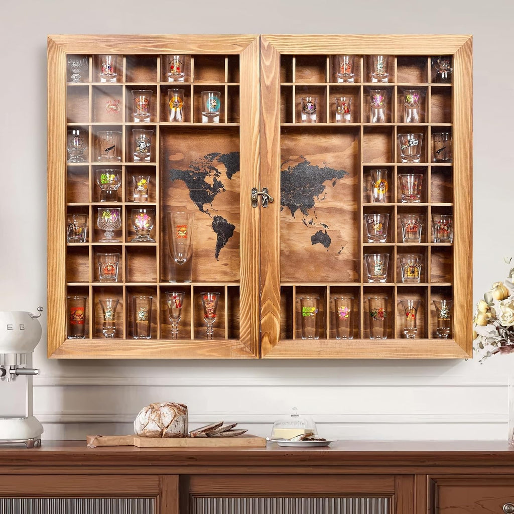 Large World Map Shot Glass Display Case 60 Slots with Acrylic Glass Door, 34 x 26''Rustic Brown Wood Holder for 2 Different Size Shot Glasses, Bars Wine Cellars Used for Jewelry Stones Shell