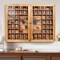Large World Map Shot Glass Display Case 60 Slots with Acrylic Glass Door, 34 x 26''Rustic Brown Wood Holder for 2 Different Size Shot Glasses, Bars Wine Cellars Used for Jewelry Stones Shell