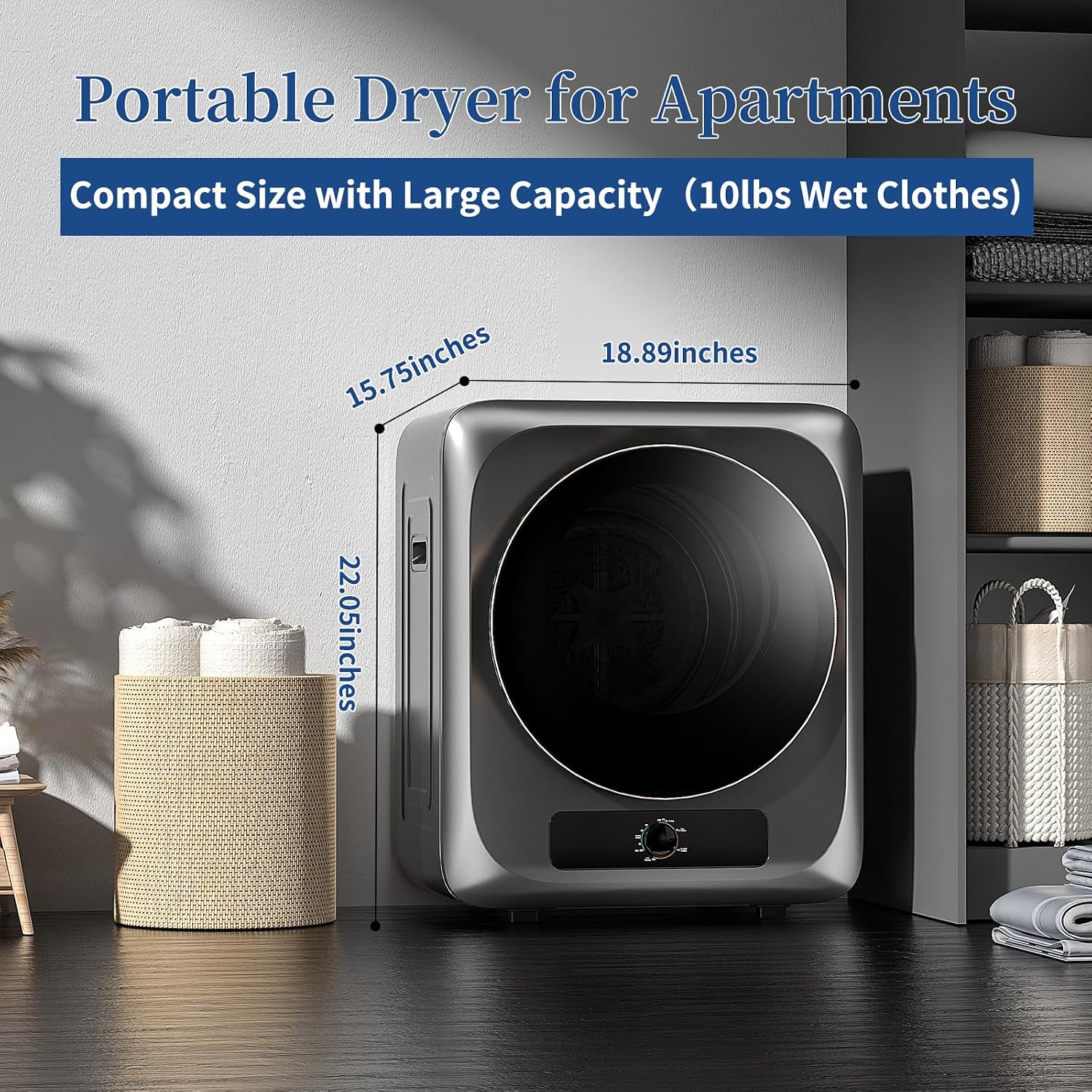 VCJ Portable Clothes Dryer for Apartment, 1.5 Cu.ft Compact Mini Electric Dryer with 5 Drying Modes, Stainless Steel Tub, Simple Knob Control, Dryer Machine for Dorm, RV, Small Space