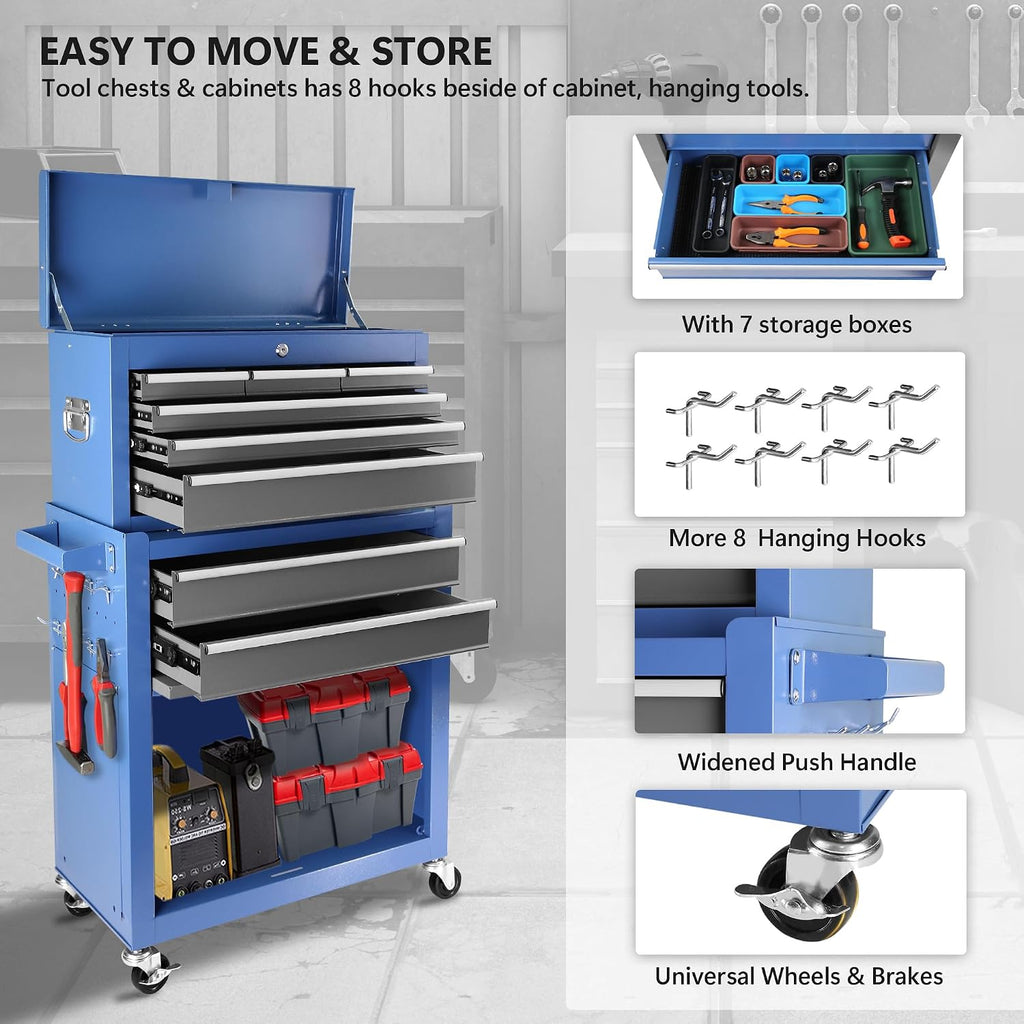 Rolling Tool Chest with Wheels 8 Drawers, Assembled Tool Cabinet Combo with Drawers, Detachable Organizer Tool Chests, Mobile Lockable Tool Box for Workshop Mechanics Garage