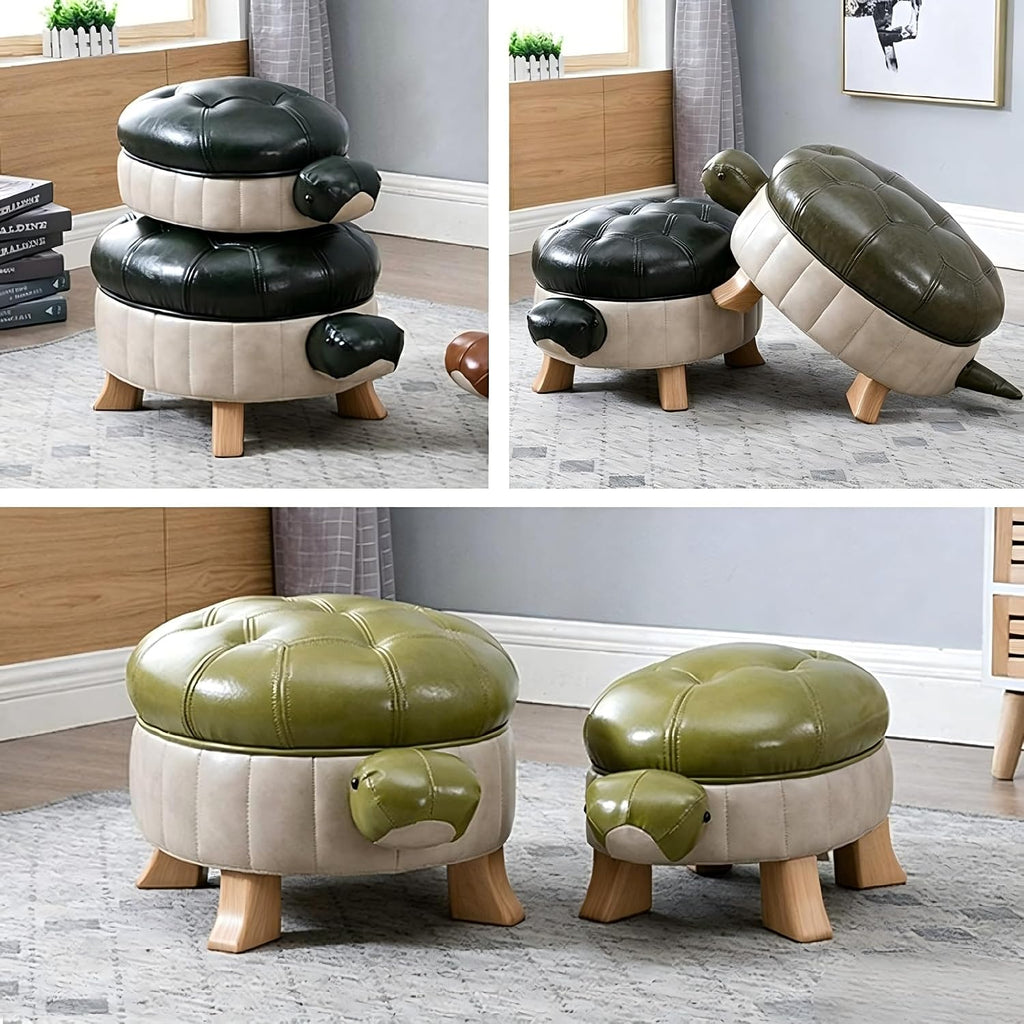 Animal Footstool Turtle Upholstered Ottoman PU Leather Pouf Wood Foot Stool Rest for Living Room Bedroom Sofa Bench Seat Chair, Grass (Small, Brown)