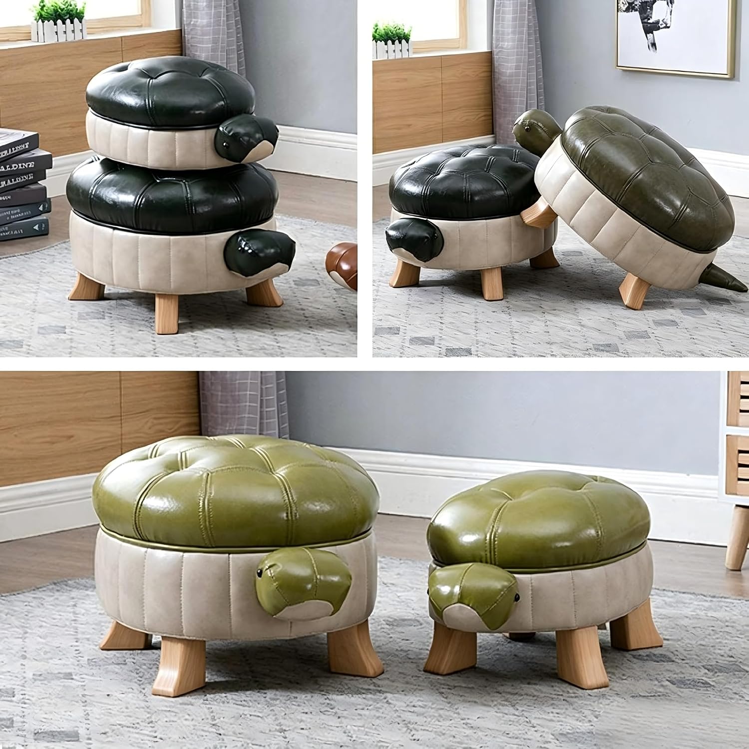 Animal Footstool Turtle Upholstered Ottoman PU Leather Pouf Wood Foot Stool Rest for Living Room Bedroom Sofa Bench Seat Chair, Reddish Brown, Large