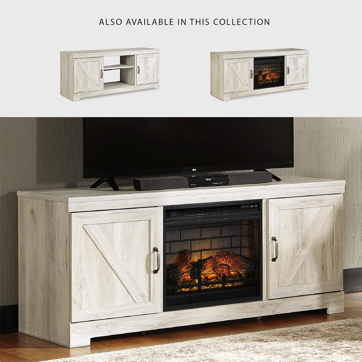Signature Design by Ashley Bellaby Farmhouse 63' TV Stand with Electric Fireplace for TVs up to 72', Whitewash