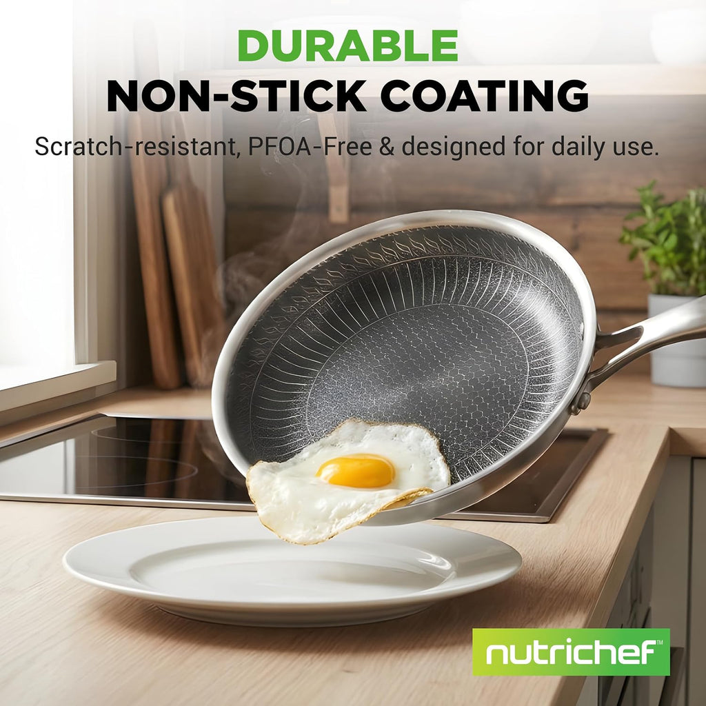 NutriChef 7-Piece Tri-Ply Stainless Steel Frying Pan Set & Wok – Nonstick, Induction Compatible, Oven Safe, Scratch-Resistant, Dishwasher Safe