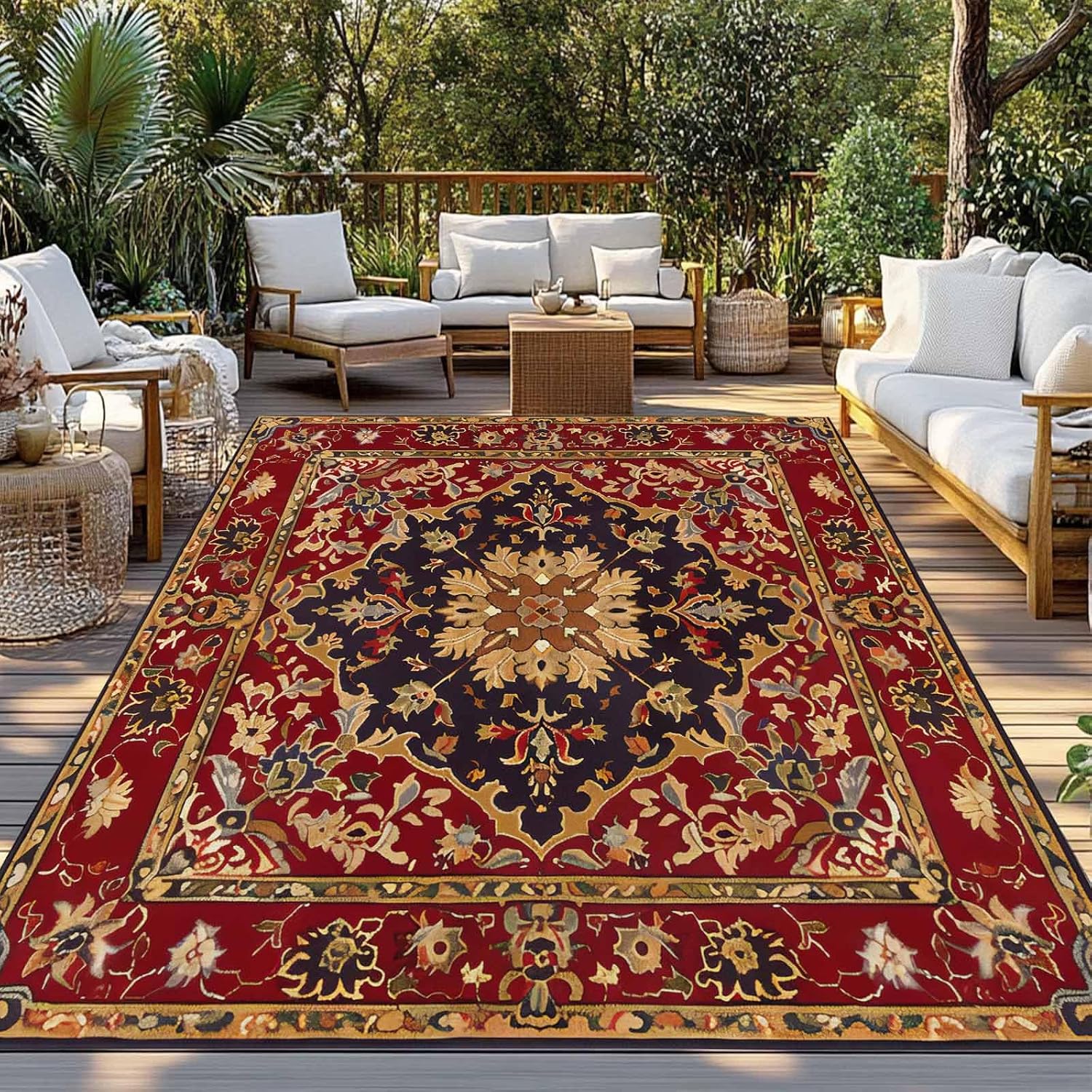 Outdoor Rug 4x6ft Floral Leaves Frames Vintage Mid Century Afghan Black Wheat Red Patio Area Rugs Waterproof Easy Cleaning Non Shedding Thick Mats Carpet for Indoor Outdoor Porch Deck Balcony