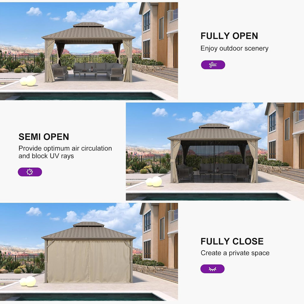 PURPLE LEAF 12' x 14' Outdoor Hardtop Gazebo, Champagne Aluminum Frame with Galvanized Steel Double Roof, Curtains and Netting for Patio Lawn and Garden