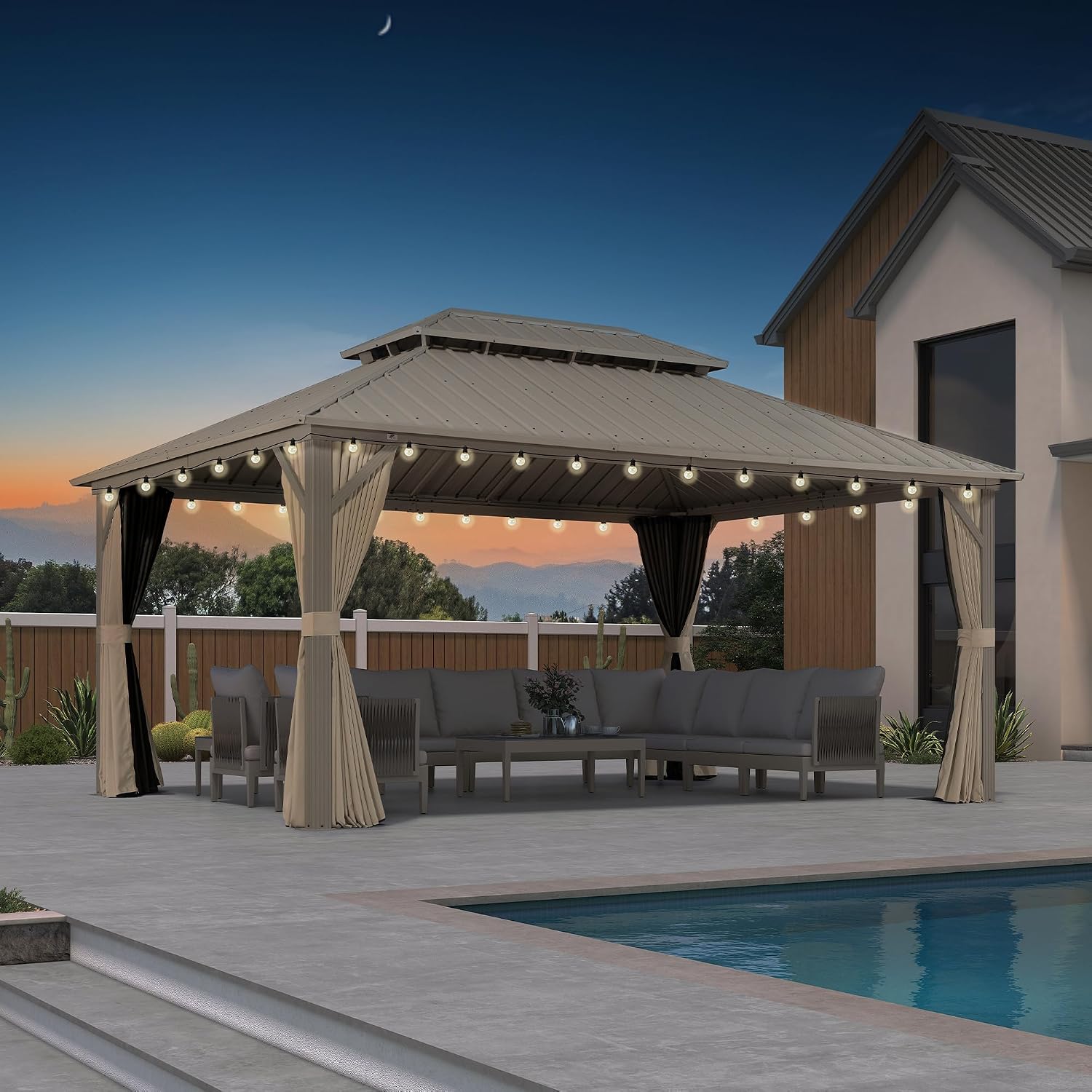 PURPLE LEAF 12' x 16' Outdoor Hardtop Gazebo, Champagne Aluminum Frame with Galvanized Steel Double Roof, Curtains and Netting for Patio Lawn and Garden