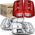 Nilight Headlight and Taillight Assembly Combo Compatible with 2009 2010 2011 2012 2013 2014 2015 2016 2017 2018 Dodge Ram for Quad Models Chrome Housing Clear Reflector with Red Housing Tail Light