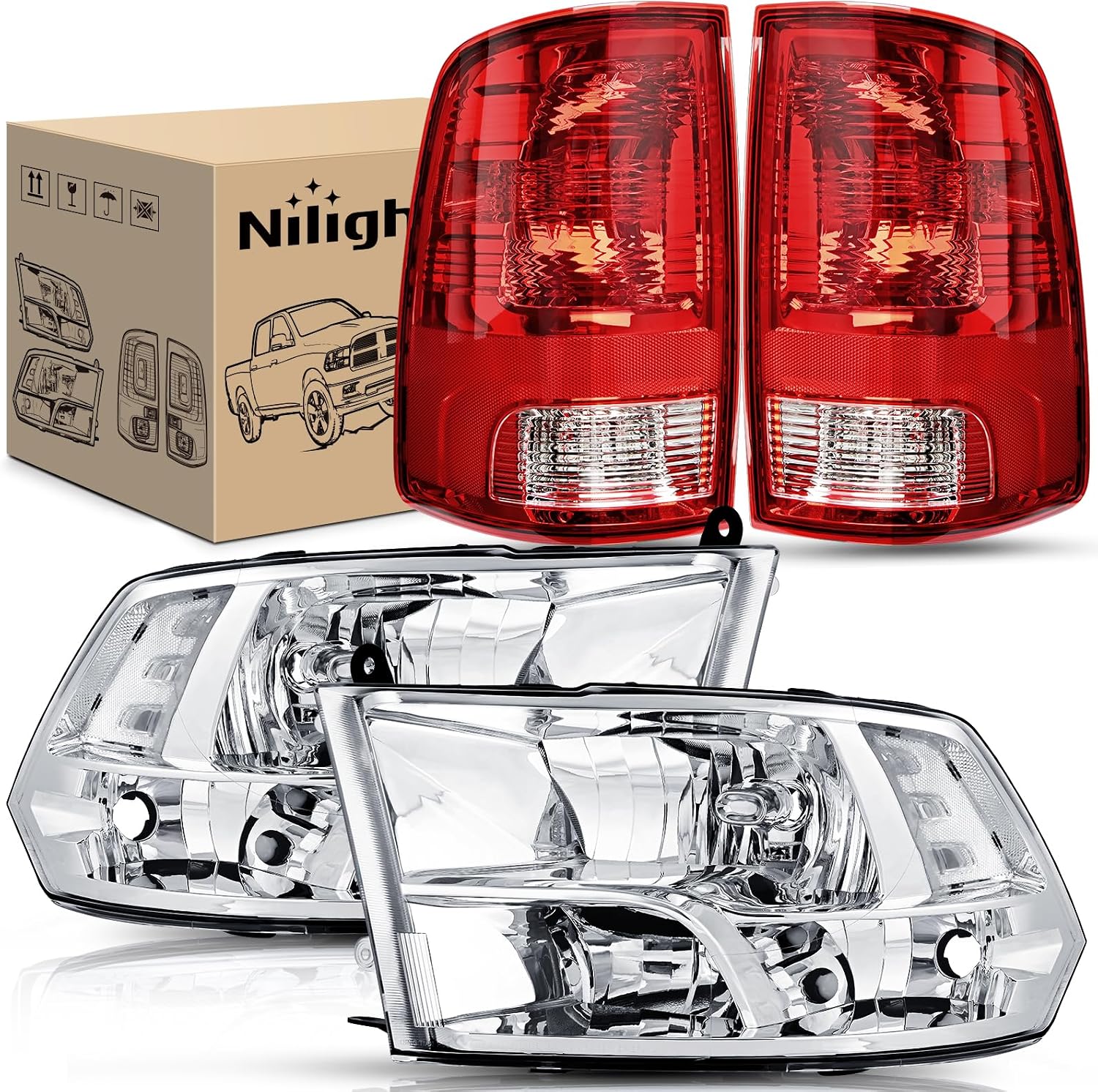 Nilight Headlight and Taillight Assembly Combo Compatible with 2009 2010 2011 2012 2013 2014 2015 2016 2017 2018 Dodge Ram for Quad Models Chrome Housing Clear Reflector with Red Housing Tail Light