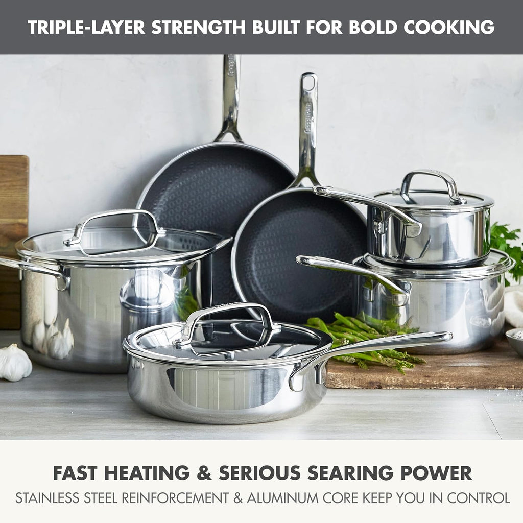 GreenPan Spectra 10 Piece Cookware Set,Hybrid Tri-Ply Stainless Steel, PFAS-Free Ceramic Nonstick Textured Cooking Surface,Induction Pots & Pans with Lids, Dishwasher Safe,Oven & Broiler Temp to 850˚F