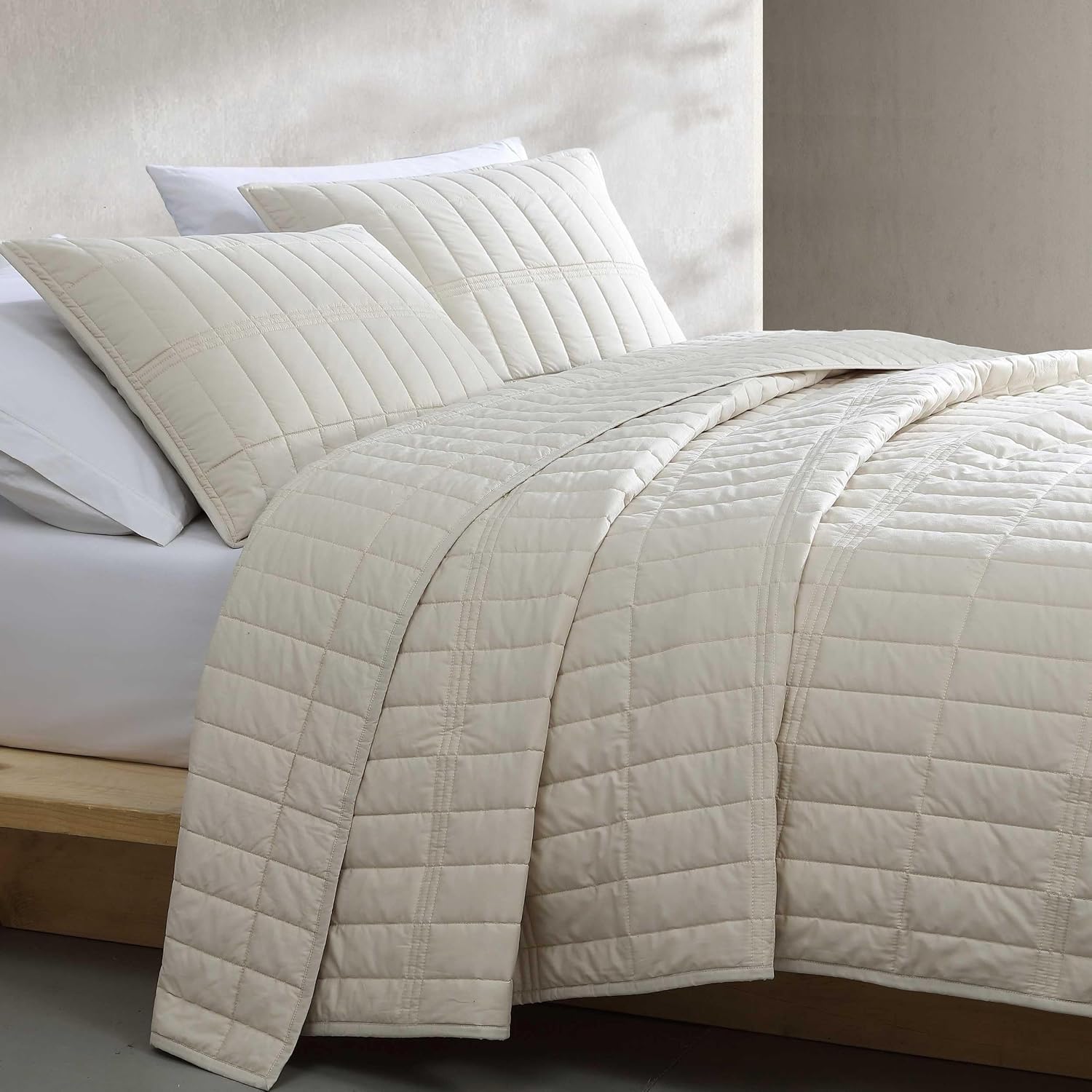 Calvin Klein - Twin Quilt Set, Cotton Percale Weave Bedding with Matching Sham, Crisp & Cool, Dorm Essentials, Oeko-Tex Certified (Washed Percale Light Beige)