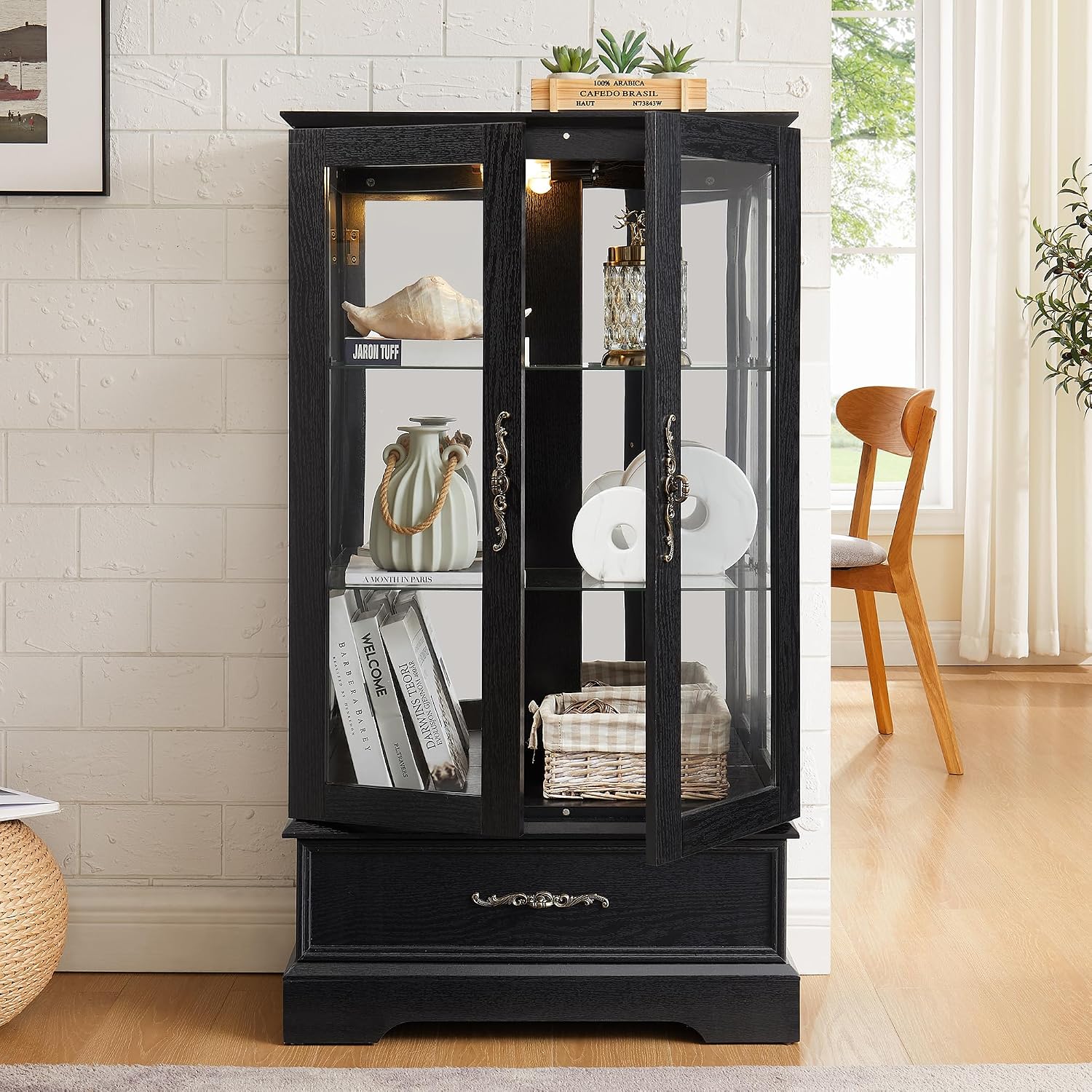 Display Cabinet with Glass Doors Drawer, Lighted Curio Cabinet with Adjustable Glass Shelves and Mirrored Back Panel, Retro Floor Standing Storage Cabinets for Living Room, Black