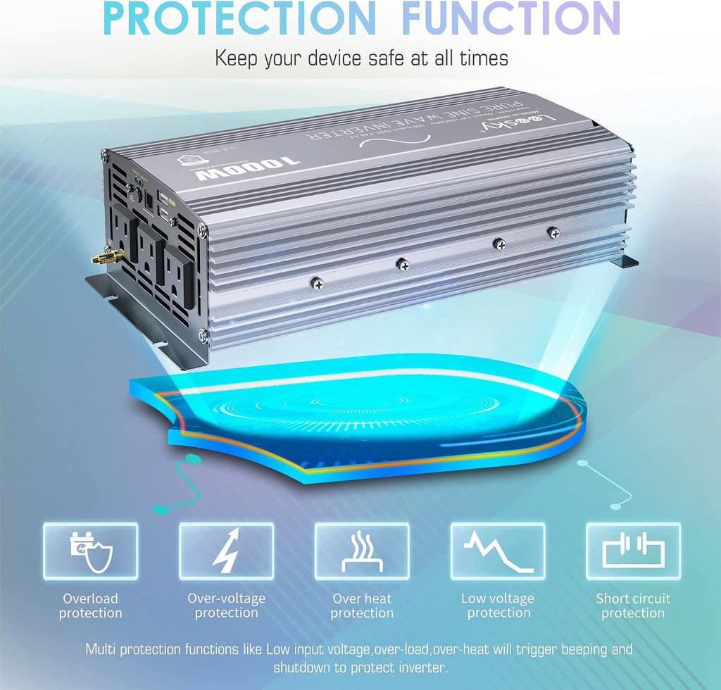 LEESKY 1000W Pure Sine Wave Power Inverter 12V DC to 120V AC Converter with LCD Remote Controller UL-Certified Fuses Compatible with Lithium Battery Starlink for Car RV Truck Solar Home Off-Grid Use