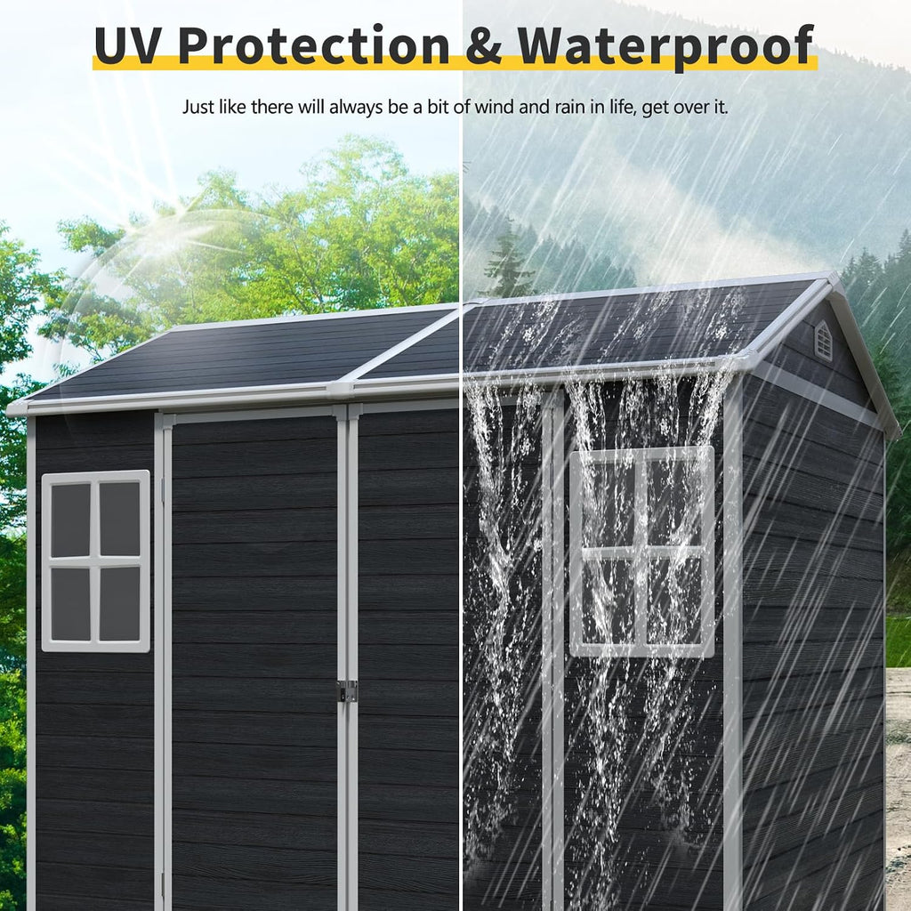 8x6 ft Outdoor Resin Storage Shed with Floor, Waterproof Plastic Garden Shed with Lockable Door and Two Windows, All-Weather Tool Sheds for Backyard, Patio, Lawn (Black)