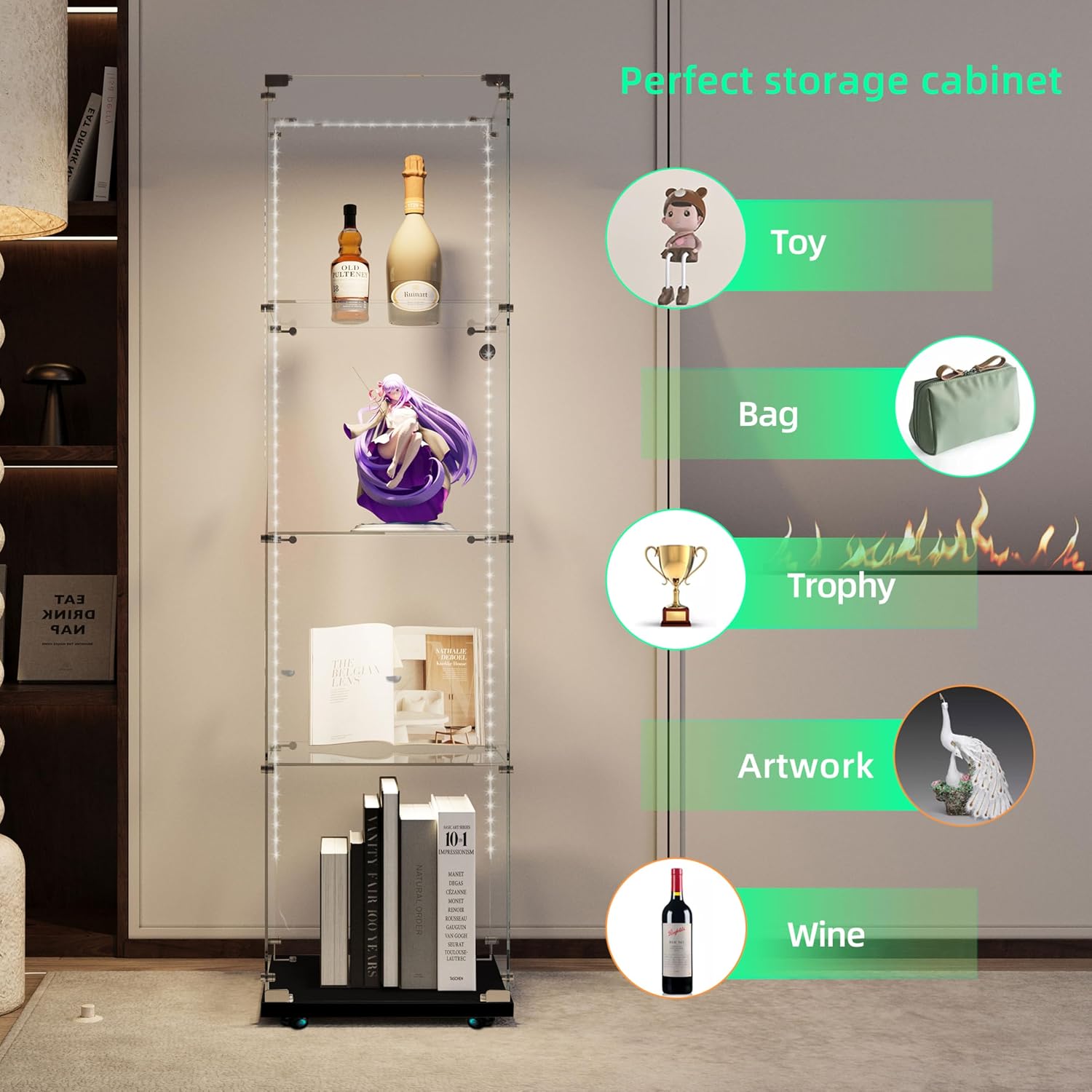 65' Tall Tempered Glass Display Cabinet with LED Lights&Rolling Wheels, Curio Cabinet with 4 Shelves with 1 Door, Quick-Install Style Floor Standing Bookshelf File Cabinet for Living Room Office
