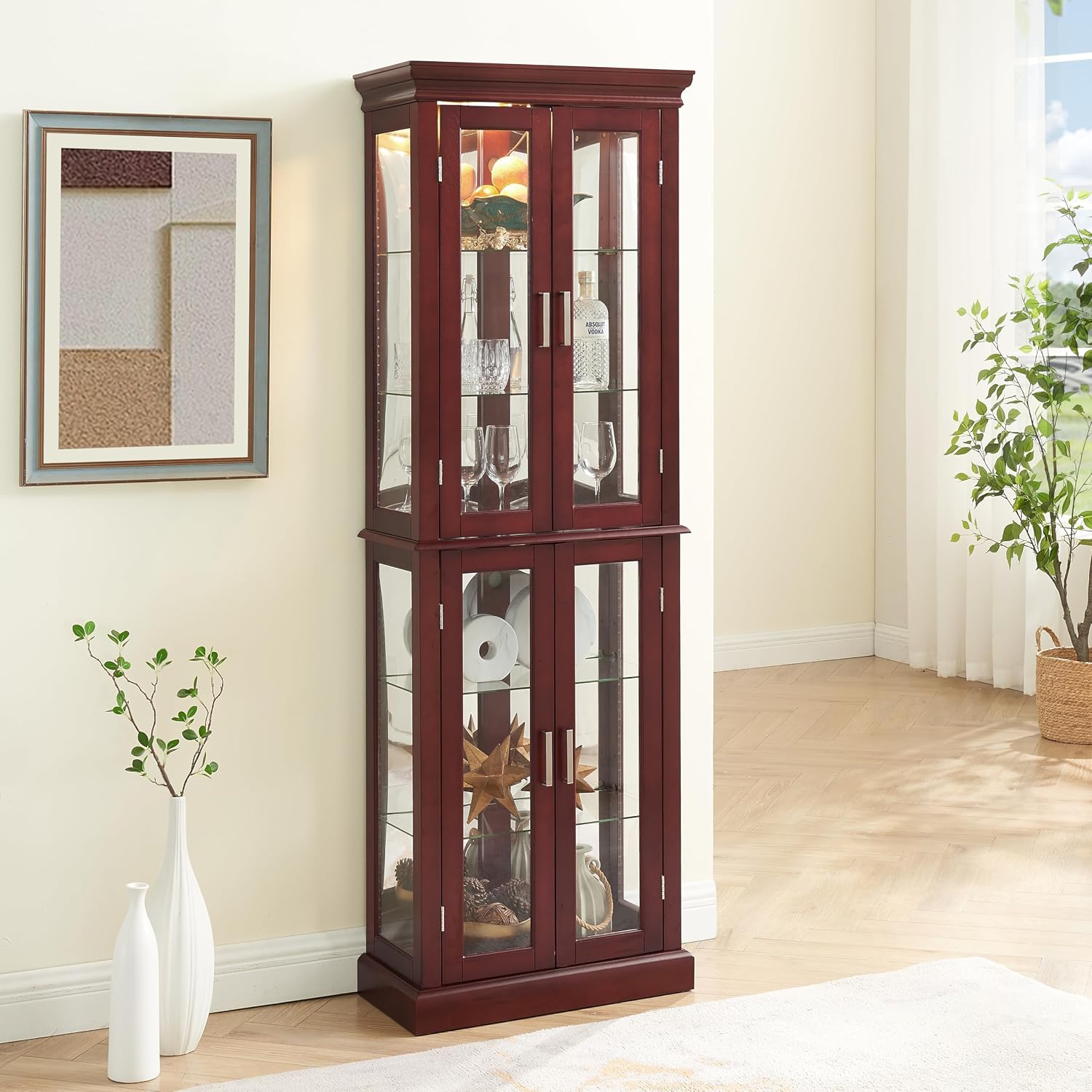 Ball & Cast Lighted Curio Cabinet,6-Tier Glass Display Cabinet with Adjustable Glass Shelves and Mirrored Back Panel for Living Room,E26 Light Blub not Included,Cherry
