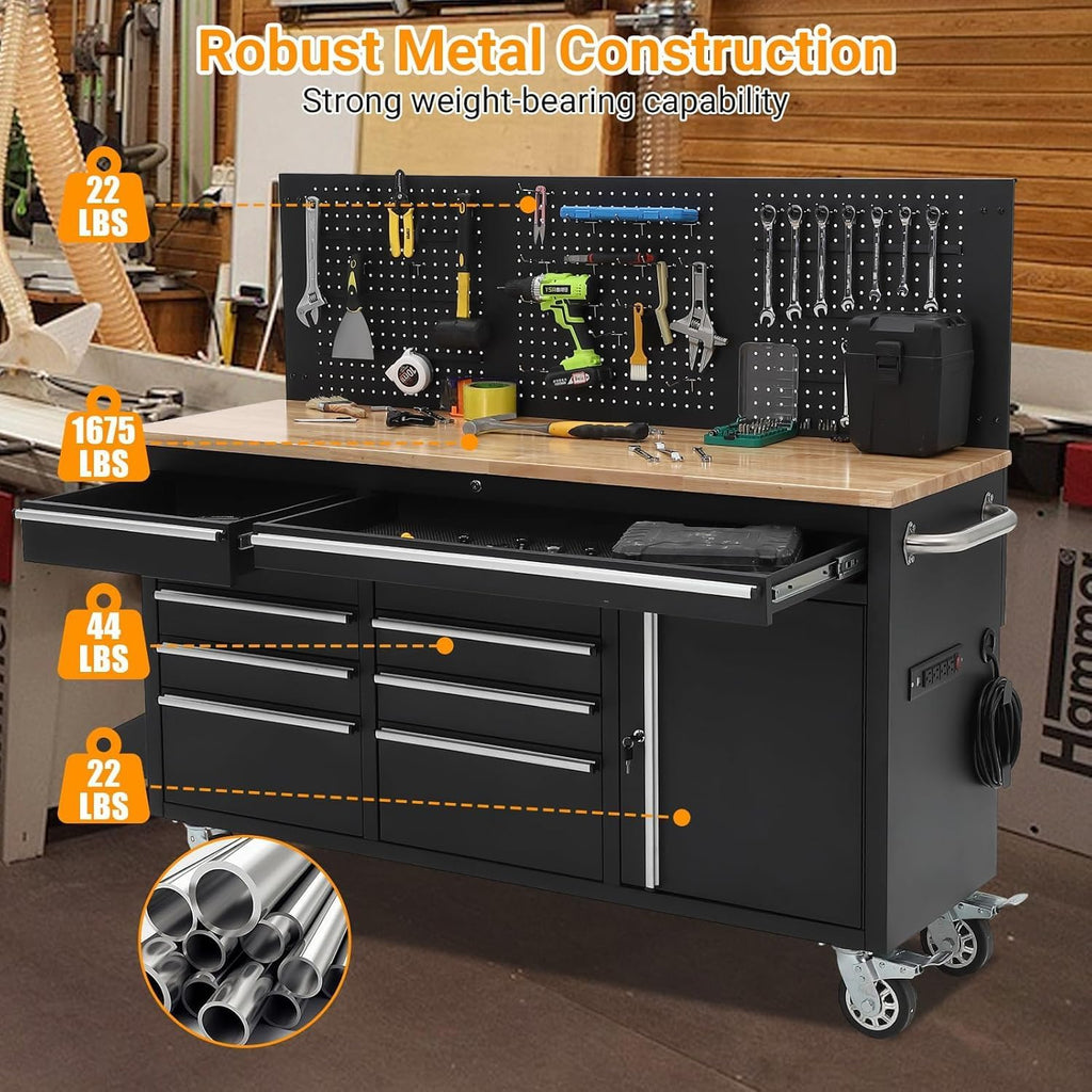 PeakPursuit 61' Rolling Tool Chest with 10 Drawers, Workbench Cabinet with Power Strip, Solid Rubber Wood Top, Pegboard, 1675 LBS Load, Mobile Heavy Duty Garage Storage, Locking Wheels, Black