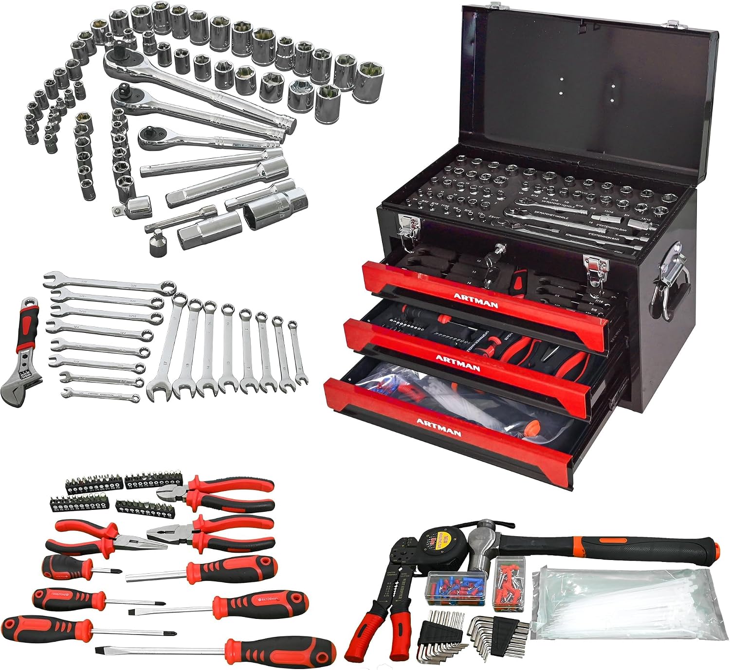 20' Portable Tool Box with Key Lock, 439 Piece Mechanics Tool Set, 3 Drawers & Top Storage Tray Toolbox with Metal Latches & Carrying Handle for Warehouse,Repair Shop,Garage,Home (Red)