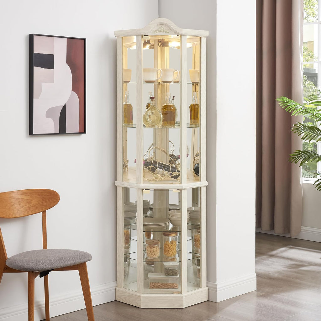 71' H Lighted Corner Display Cabinet, 6-Tier Wooden Curio Glass Cabinet with Adjustable Shelves, Carved Crown Decoration Corner Storage Display Case with Mirrored Back Pane (Antique White)