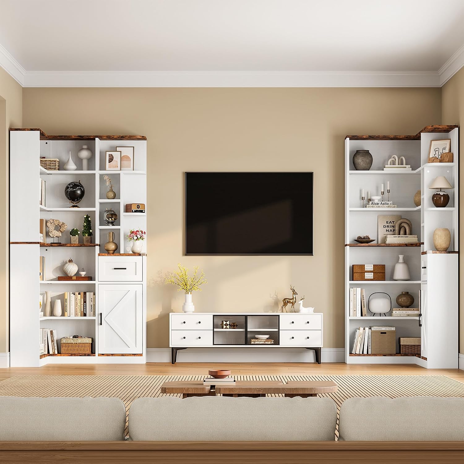 Garvee 74'' Tall Corner Bookshelf - 6-Tier Book Shelf with Drawer and Cabinets, l-Shaped Bookcase Open Storage Shelves Modern Display Shelf for Home, Office