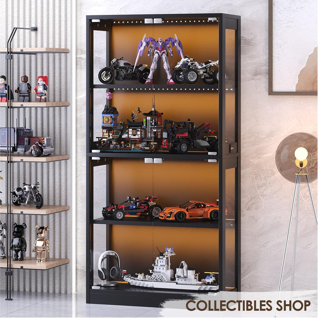 Display Cabinet with Glass Doors 4-Tier, Bookcase with Doors 7 Vibrant Colors 3 Dynamic Lighting Modes, HD Glass Storage Cabinet with Human Body Sensor for Curio, Trophy, Collectibles (Black)