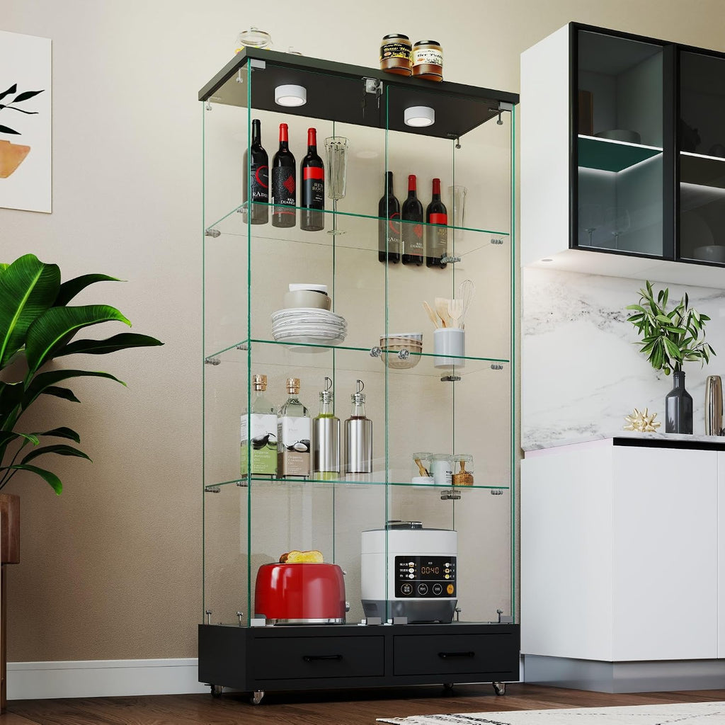 Modern Glass Display Cabinet with LED Light 4-Shelf Curio Cabinets with Storage Drawer and Wheels,Tempered Glass Display Shelf Bookcase for Living Room Home Office