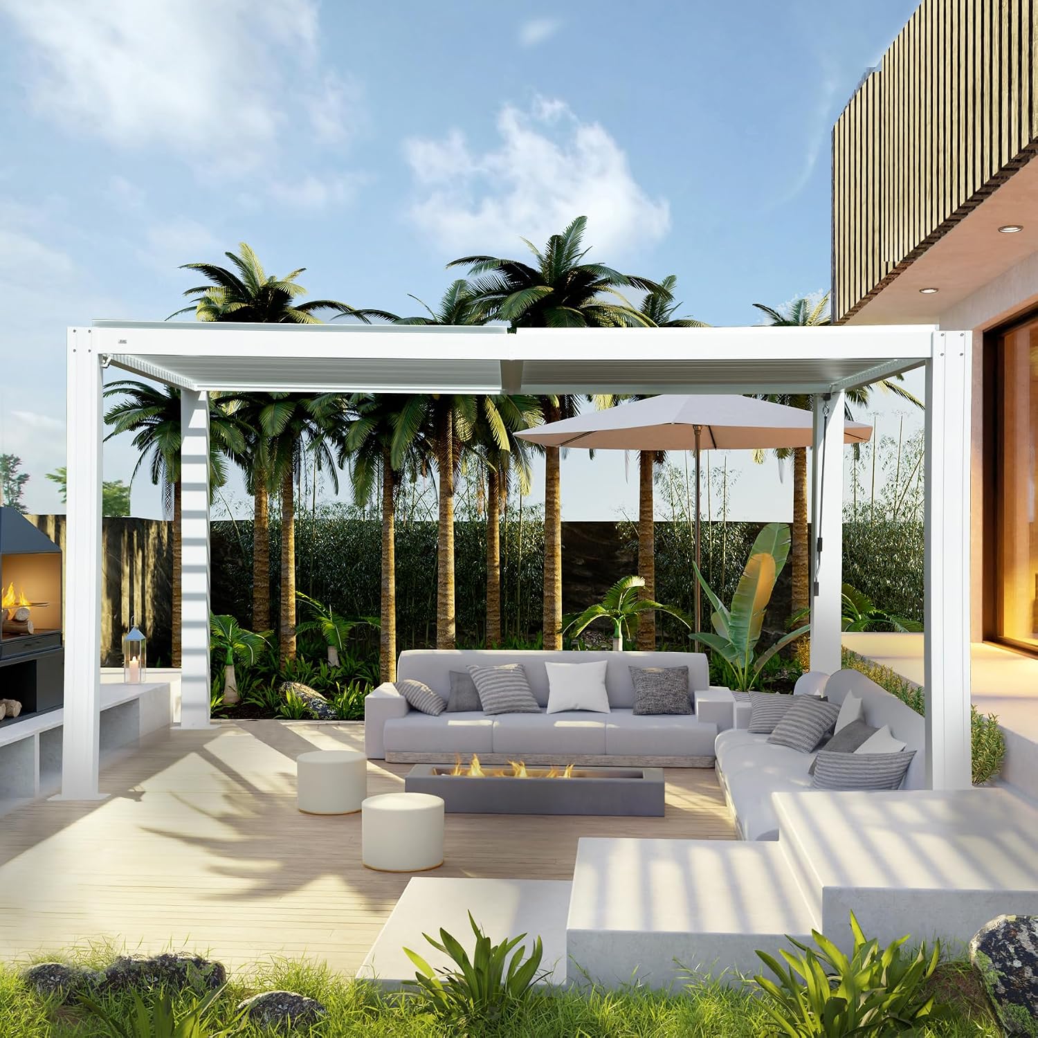 Domi 10x13FT Louvered Pergola Aluminum Structure Outdoor Pergola with Adjustable Roof Patio Pergola for Backyard Garden, White