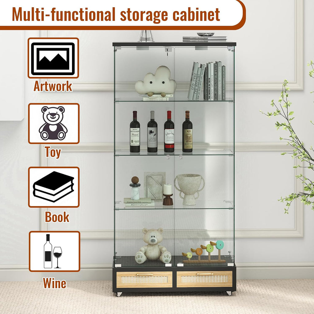 Modern Glass Display Cabinet with LED Light 4-Shelf Curio Cabinets with Rattan Drawer and Wheels,Tempered Glass Display Shelf Bookcase for Living Room Home Office
