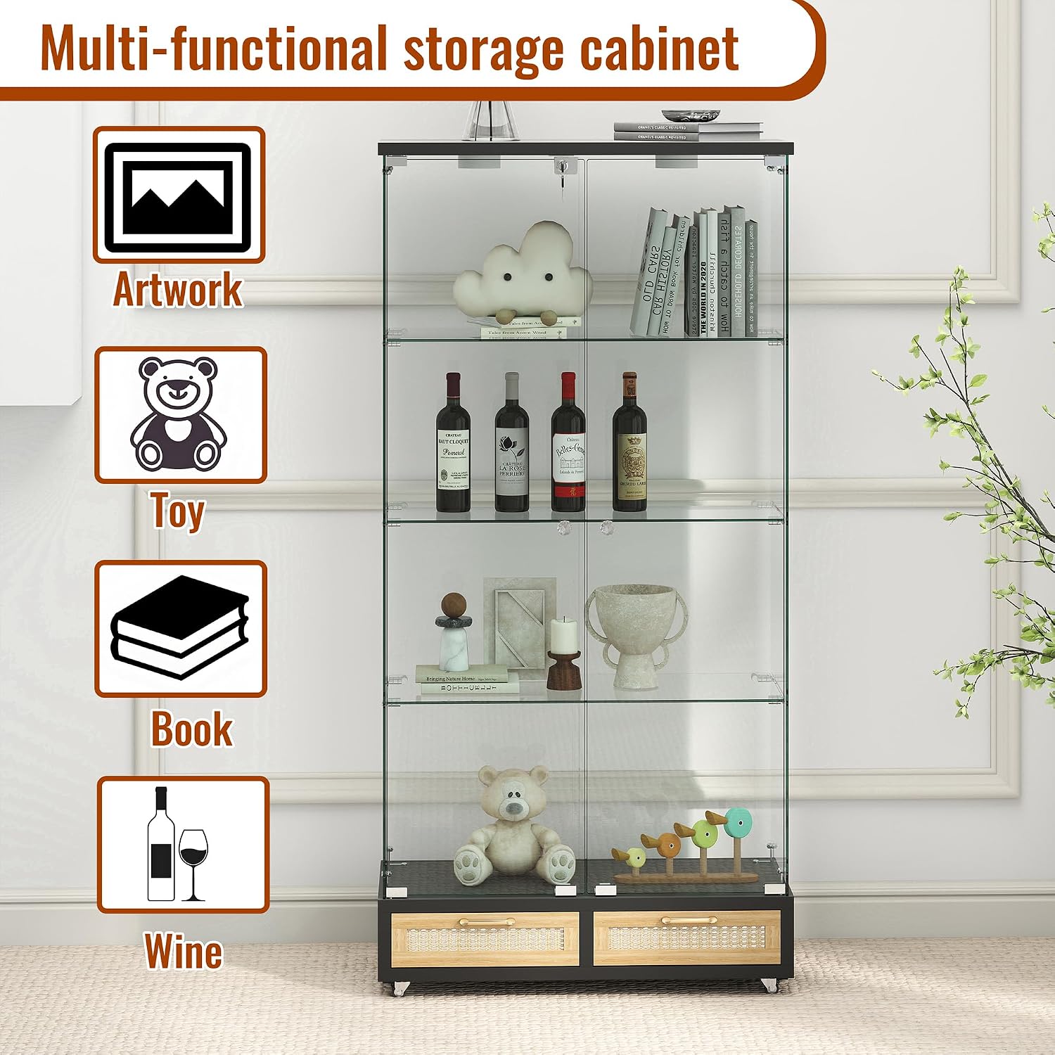 Modern Glass Display Cabinet with LED Light 4-Shelf Curio Cabinets with Rattan Drawer and Wheels,Tempered Glass Display Shelf Bookcase for Living Room Home Office