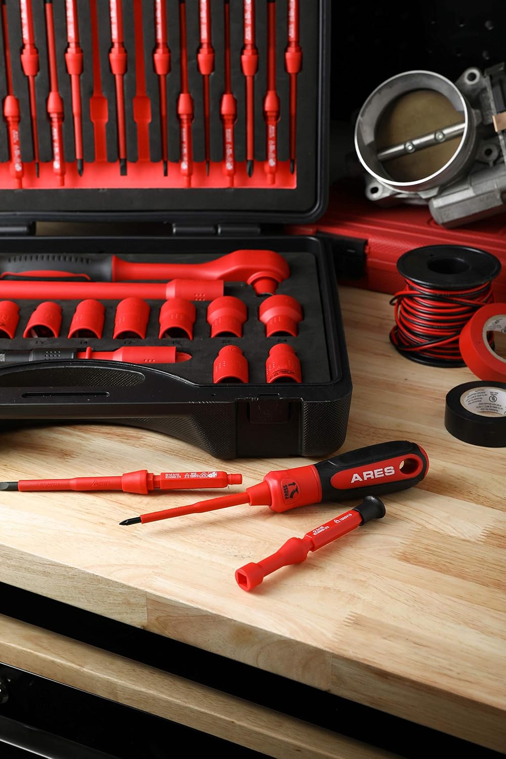 ARES 19004-37-Piece Insulated Electrical Tool Set - Ergonomic Handle with 19 Screwdriver Sizes and 4 Cabinet Keys - 1/2-Inch Drive Ratchet and Extensions - 9 Socket Sizes 10-24mm - Storage Case