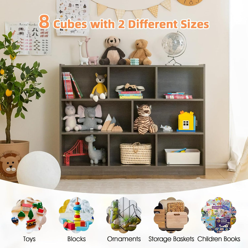 HONEY JOY Kids Storage Organizer, 8-Section Open Wooden Display Shelf for Classroom, Playroom, Nursery, Kindergarten, Dark Gray