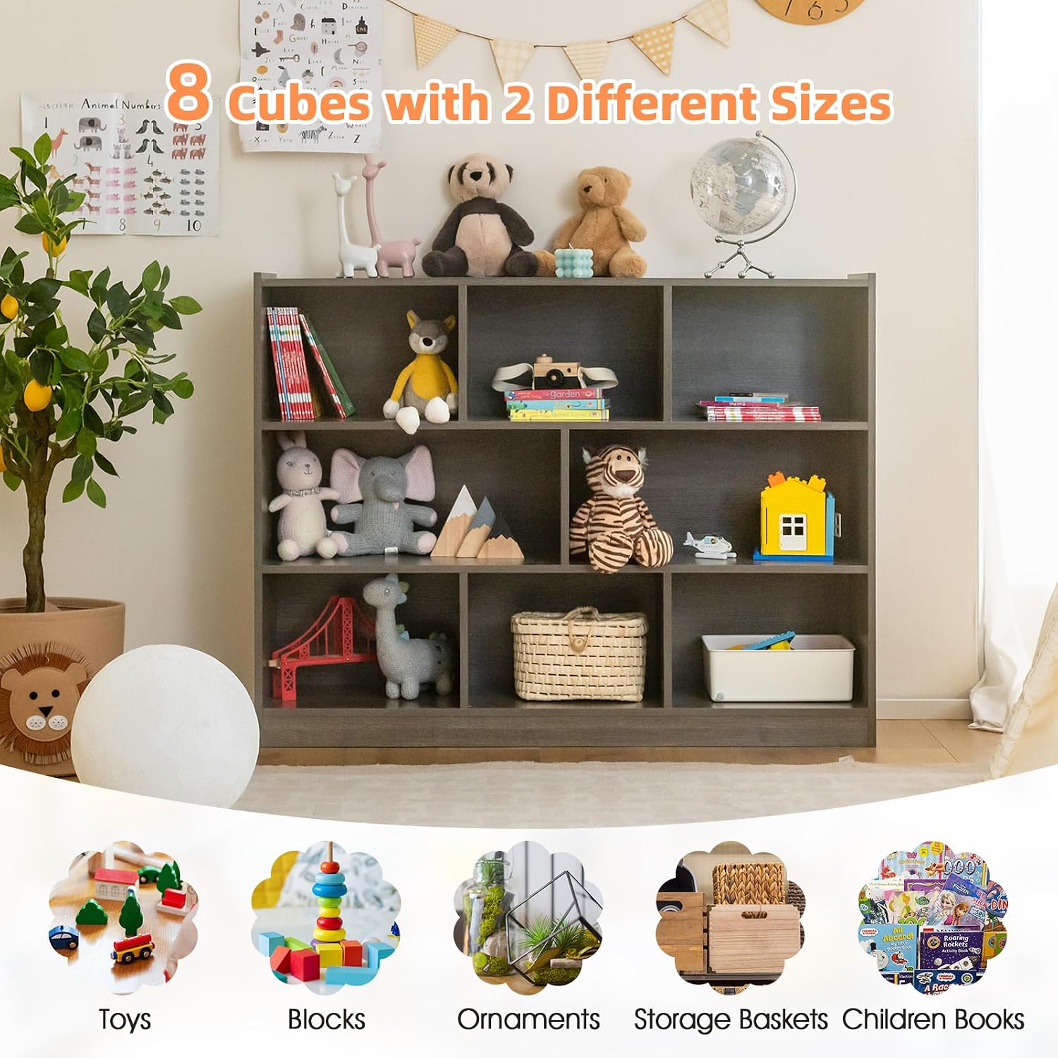 HONEY JOY Kids Storage Organizer, 8-Section Open Wooden Display Shelf for Classroom, Playroom, Nursery, Kindergarten, Dark Gray