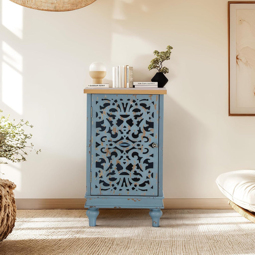 Sophia & William Small Accent Cabinet with Single Door, 31.5' Tall Side End Table, Distressed Nightstand with Hollow Carved Door, Blue