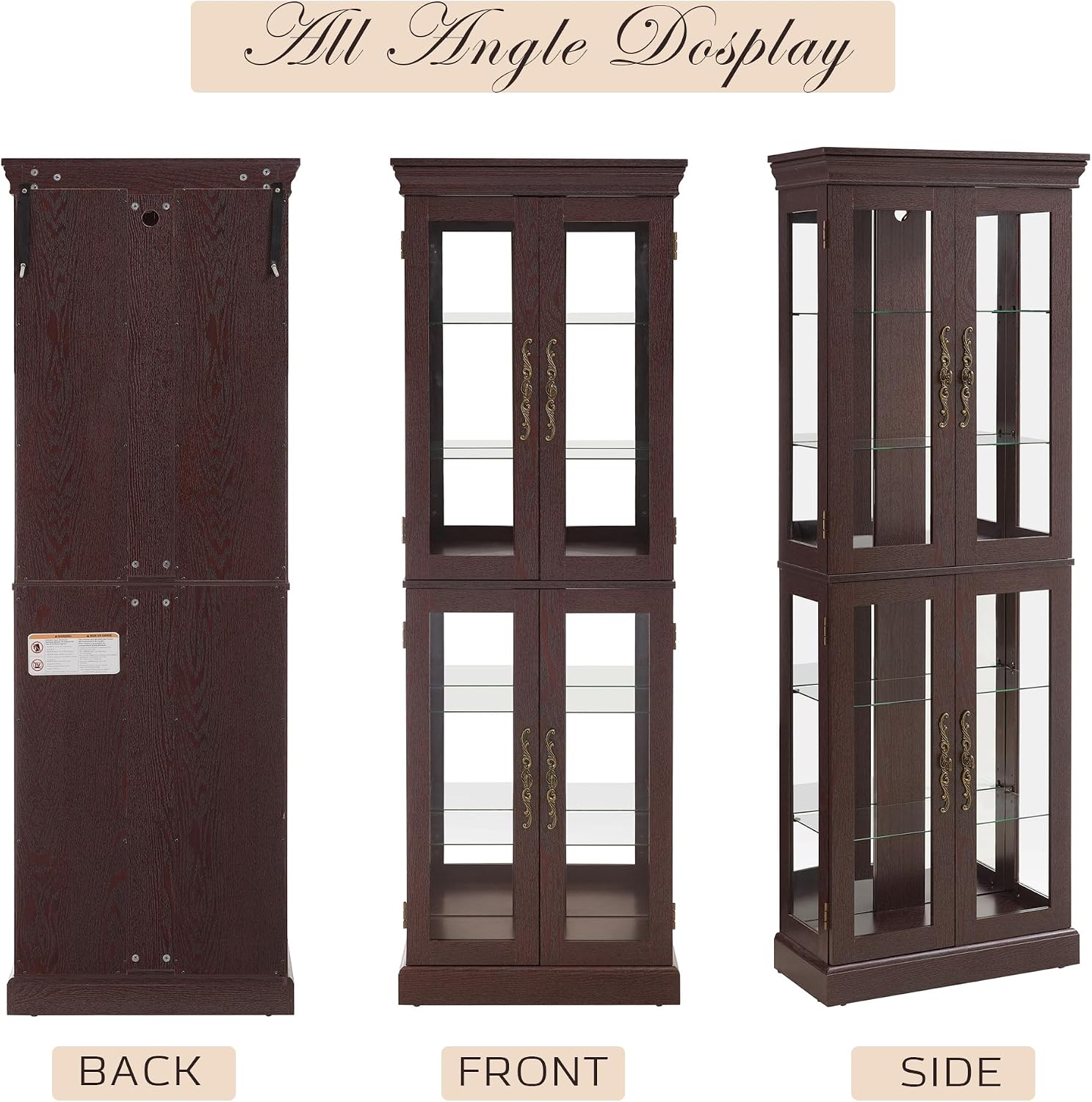 71' Lighted Curio Cabinet with 6 Adjustable Shelves, Vintage Glass Display Case, Tempered Glass Doors, Tall Wine Bar Cabinet for Living Room Liquor Storage, Bulb Included