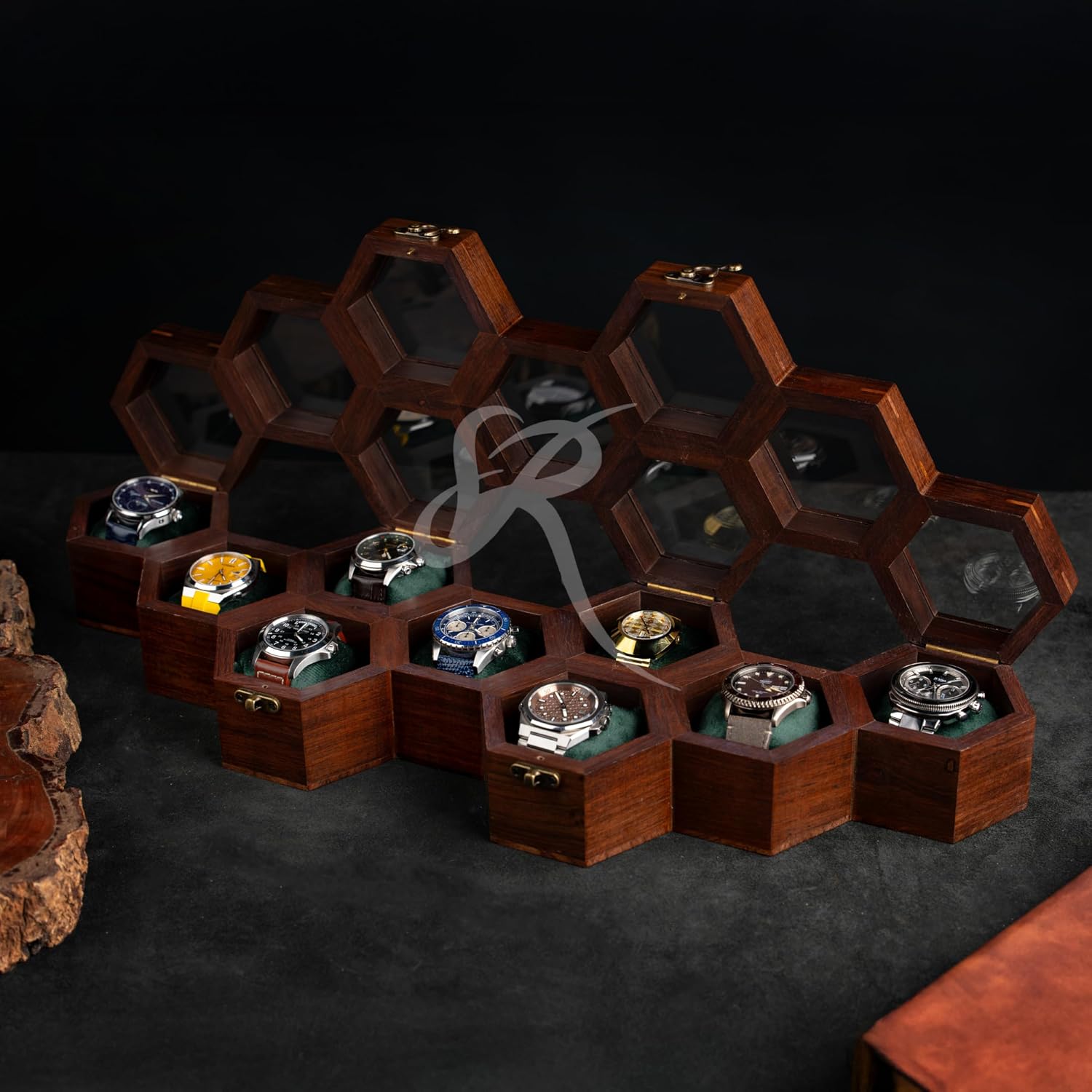 Royal Craft Expertise Honeycomb 9-Slot Wooden Watch Organizer for Men & Women – Handmade Solid Indian Rosewood Watch Display & Storage Box, Mens Watch Display Case, Best Gift for Him.