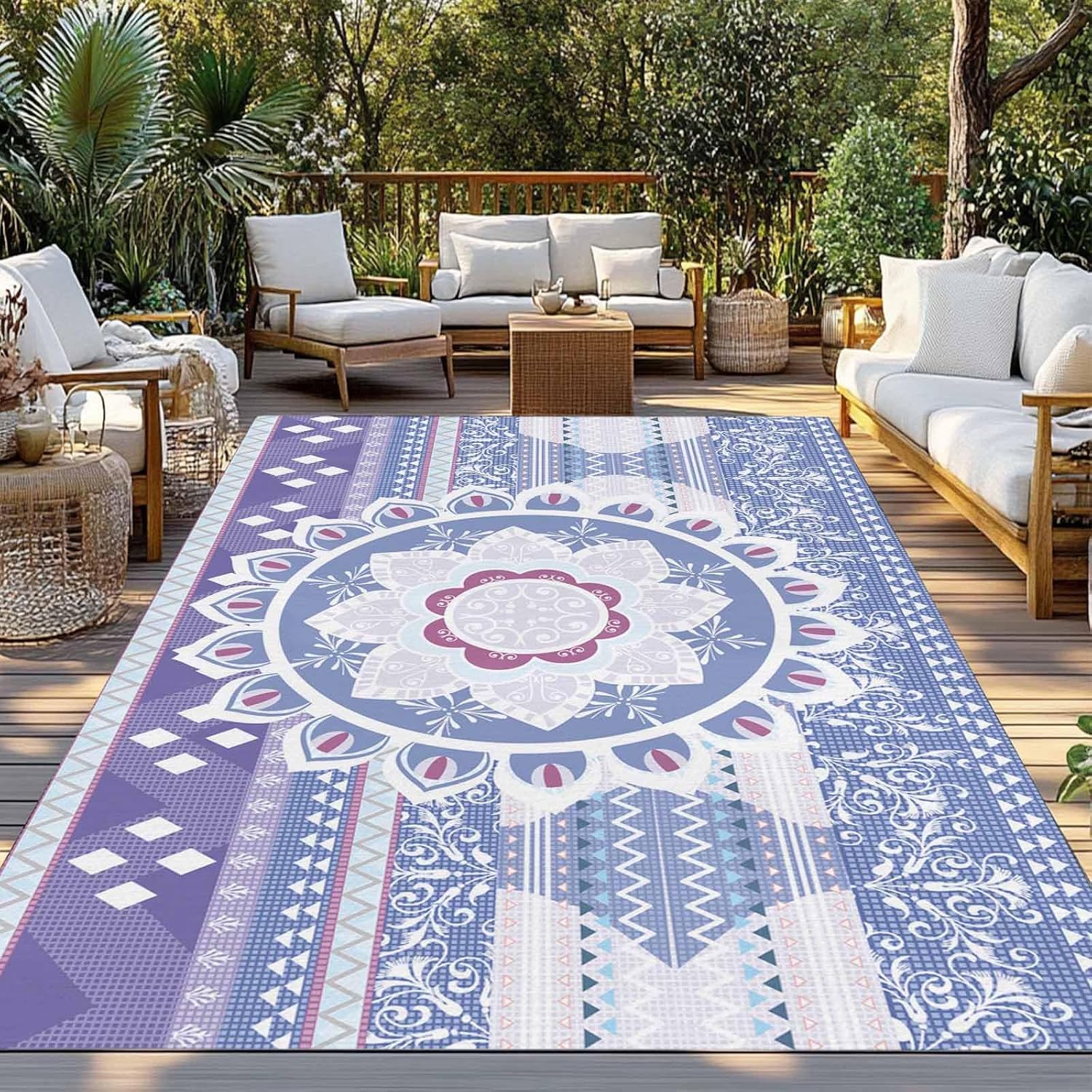 Outdoor Rug 4x6ft Lavender Bohemia Flower Texture Patio Area Rugs Waterproof Easy Cleaning Non Shedding Thick Mats Geometric Carpet for Indoor Outdoor Porch Deck Backyard Balcony