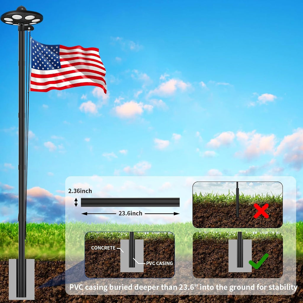 20FT Heavy Duty Flag Pole Kit with Solar Light,14 Gauge Flag Pole for Outside House in Ground Thick Aluminum Flagpoles with 136 LED Light & 3x5 American Flag with Pole for Outside Ip67 Waterproof