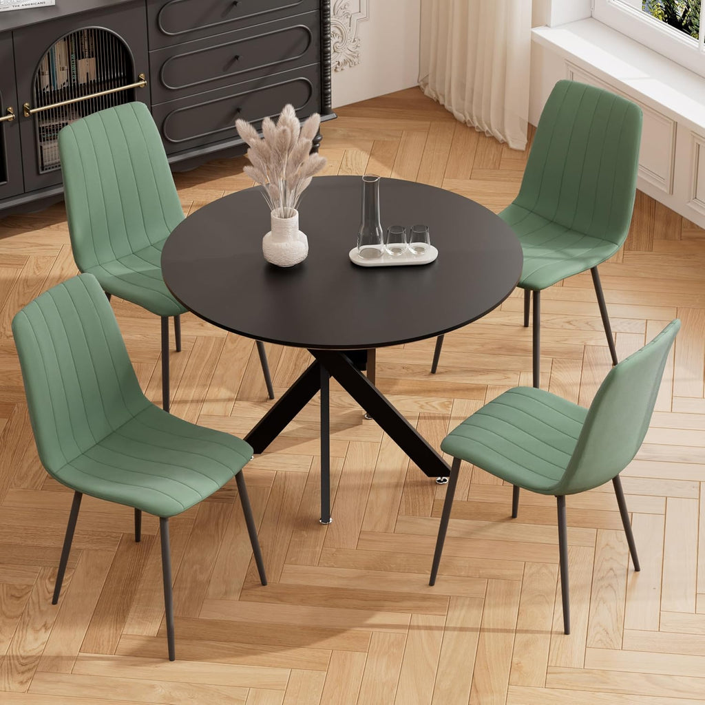 RGZ 36' Round Dining Table Set for 4, 5 PCS Modern Wooden Black Circle Kitchen Table with Steel Legs & 4 Green Velvet Upholstered Chairs for Dining Room, Living Room, Kitchen