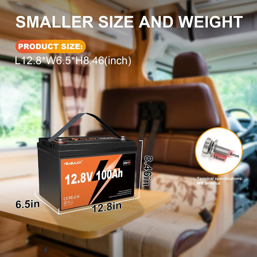 12V 100Ah LiFePO4 Lithium Battery Buit in 100A BMS 1.28kWh Up to 6000 Deep Cycle Rechargeable Lithium Iron Phosphate Battery Perfect for RV Trolling Motor Fish finder Marine
