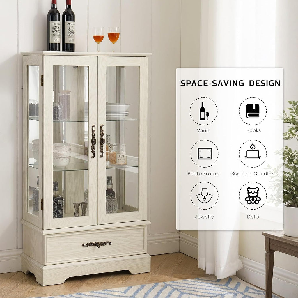 47' Lighted Glass Accent Curio Cabinet, 3-Tier Antique Storage Cage with Adjustable Shelves & Drawer, Acrylic Mirrored Pane, Light Blub Included, Small China Cabinet for Living Room (Antiqe White)