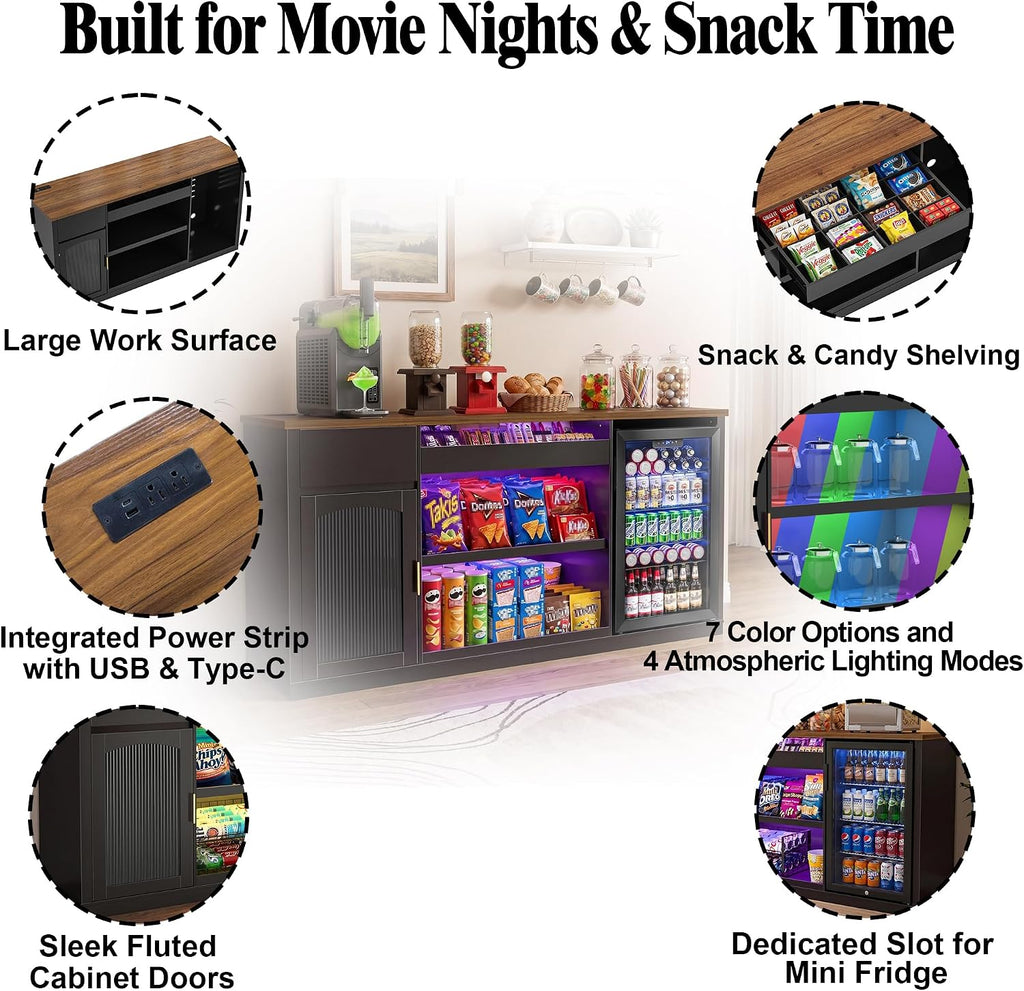 GDLF Snack Bar Cabinet with Fridge Space, 70.1' Snack Organizer with Storage and Candy Display Shelf, Coffee Station for Home Theater or Game Room with LED Lights, Black