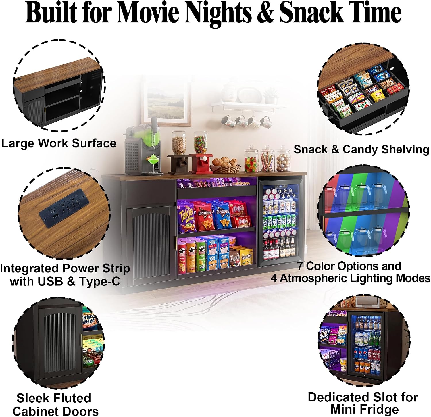 GDLF Snack Bar Cabinet with Fridge Space, 70.1' Snack Organizer with Storage and Candy Display Shelf, Coffee Station for Home Theater or Game Room with LED Lights, Black