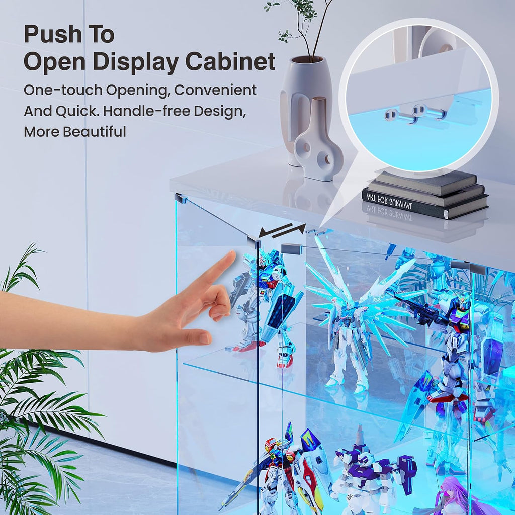 Lvifur RGB Glass Display Cabinet - with Lock, High Gloss Curio Cabinet Sideboard with Human Body Sensor & Glass Shelves for Toys, Books, Collectibles, Bookcase for Living Room, Kitchen, Study, White